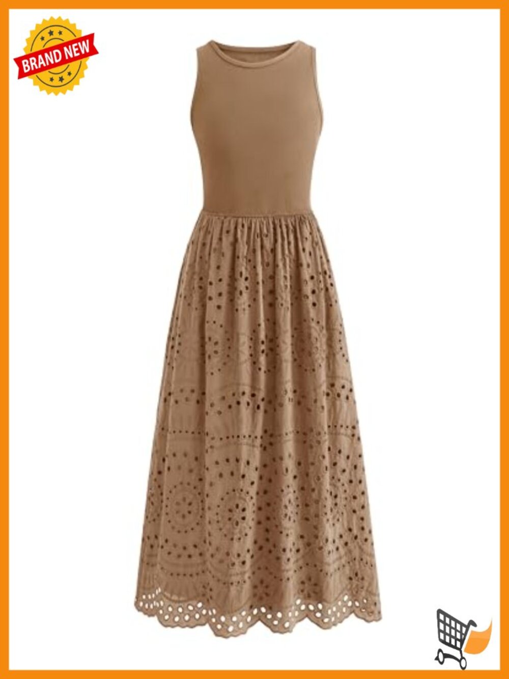 Sleeveless Lace Eyelet Cotton Tank Maxi Dress A-Line Fit Flare Two Pockets